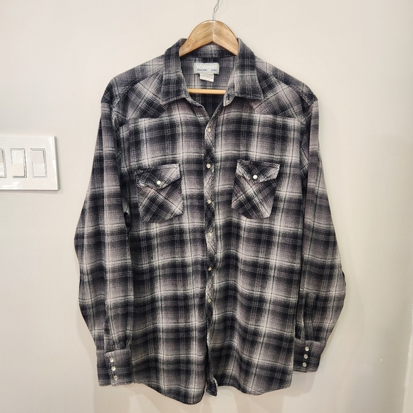 VTG Wrangler Wrancher Mens 2XT Tall Gray Pearl Snap Shirt Flannel Plaid Western - Picture 1 of 11